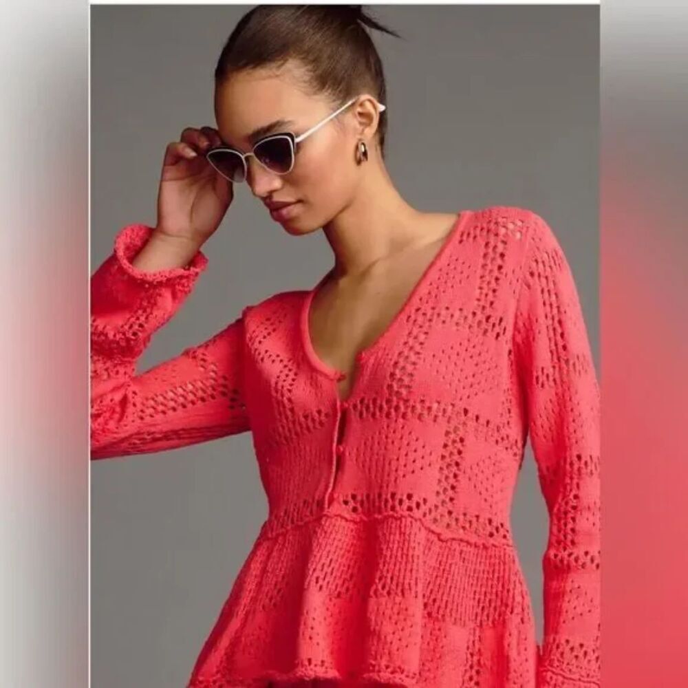 Pilcro Anthropologie Coral Pink Pointelle Babydoll 100% Cotton Sweater size XS